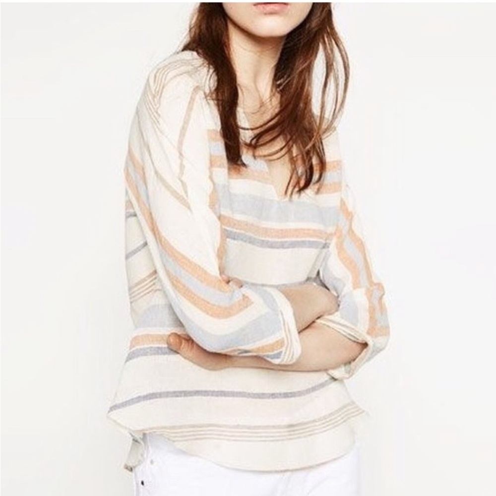 Zara linen blend pastel striped v neck peplum blouse size medium